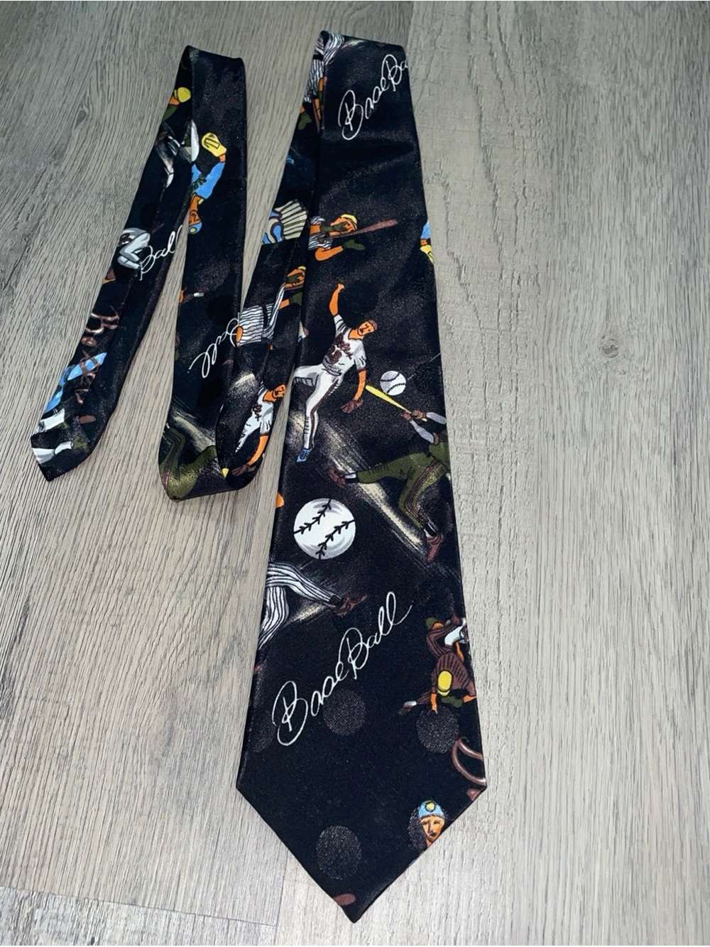 Black Baseball Print Men's Tie with Multicolor Accents